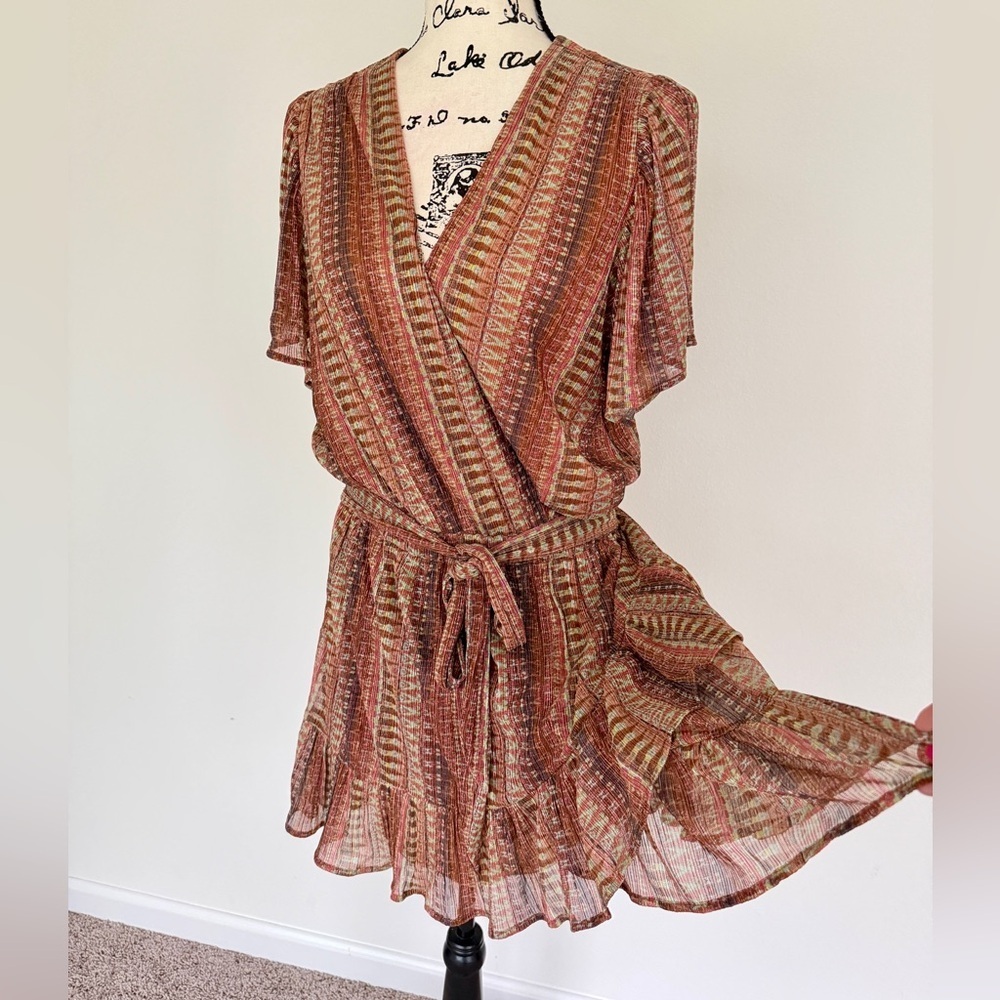 Ramy Brook Chelsea Mini Dress Belted Brown/Green Metallic Ruffle Hem Fairy Core - Picture 6 of 16